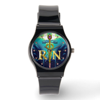 GOLD CADUCEUS REGISTERED NURSE SYMBOL Aqua Blue Watch