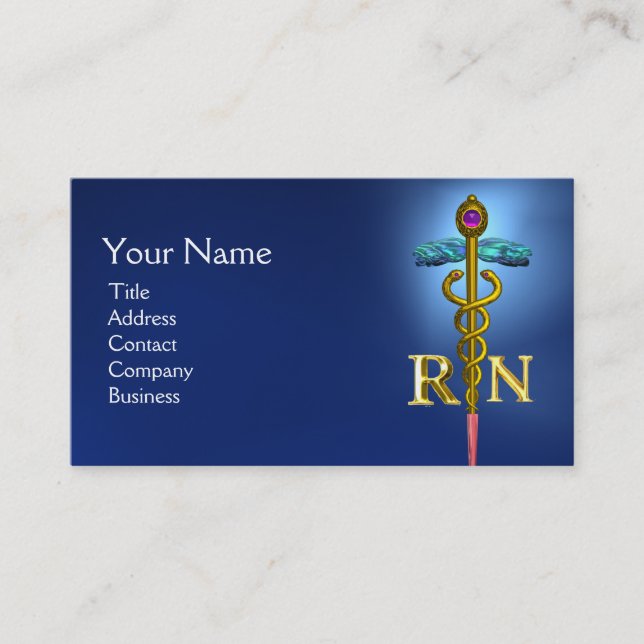 GOLD CADUCEUS REGISTERED NURSE SYMBOL Blue Business Card (Front)