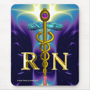 GOLD CADUCEUS REGISTERED NURSE SYMBOL Blue Purple Mouse Pad