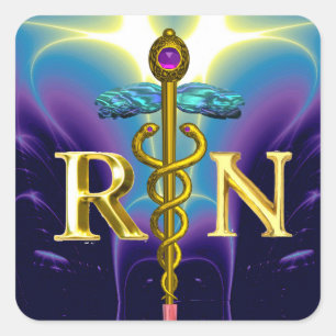 GOLD CADUCEUS REGISTERED NURSE SYMBOL Blue Purple Square Sticker