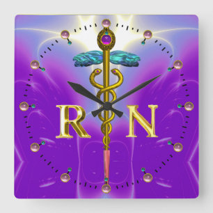 GOLD CADUCEUS REGISTERED NURSE SYMBOL,Blue Purple Square Wall Clock