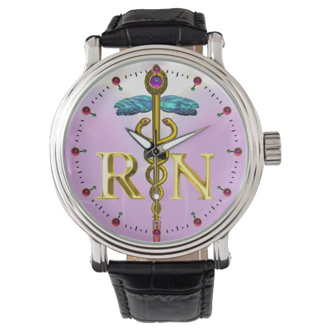 GOLD CADUCEUS REGISTERED NURSE SYMBOL / Pink,Lilac Watch (Front)