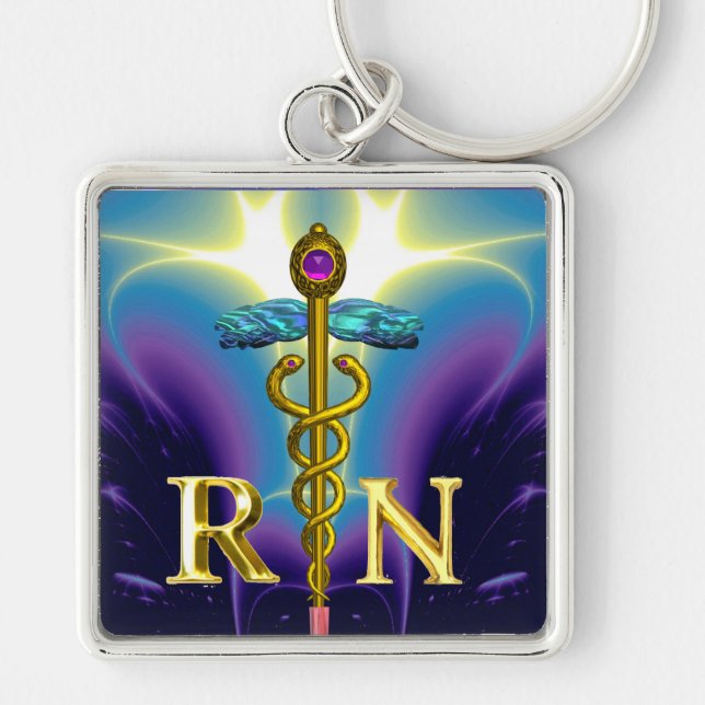 GOLD CADUCEUS REGISTERED NURSE SYMBOL Purple Blue Key Ring (Front)