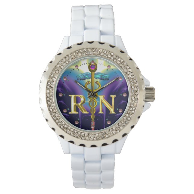 GOLD CADUCEUS REGISTERED NURSE SYMBOL Purple Blue Watch (Front)