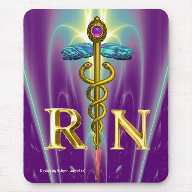 GOLD CADUCEUS REGISTERED NURSE SYMBOL Purple Green Mouse Pad (Front)
