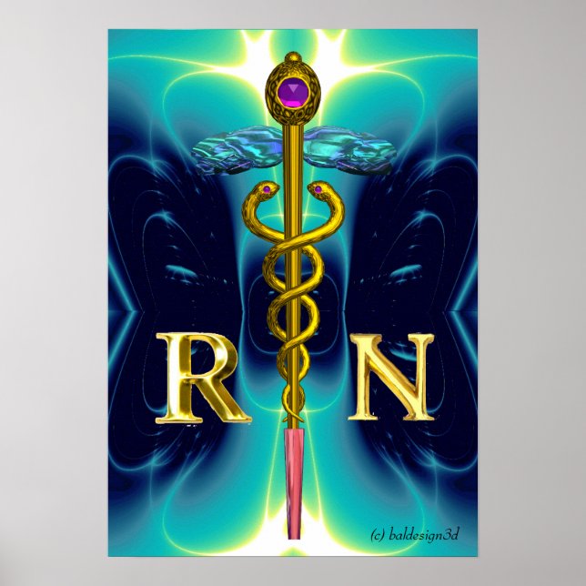 GOLD CADUCEUS REGISTERED NURSE SYMBOL Teal Blue Poster (Front)