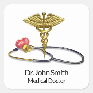 Gold Caduceus & Stethoscope with Heart Medical Square Sticker
