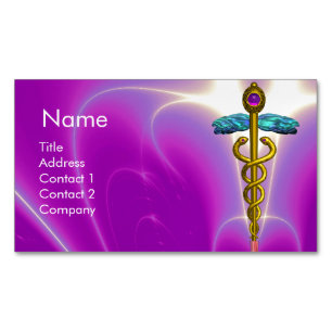 GOLD CADUCEUS SYMBOL / Pink Fuchsia Teal Blue Magnetic Business Card