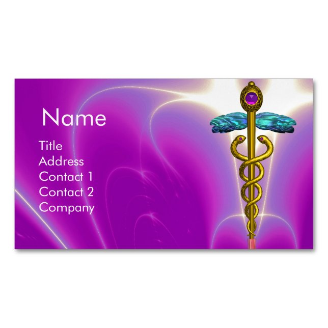 GOLD CADUCEUS SYMBOL / Pink Fuchsia Teal Blue Magnetic Business Card (Front)