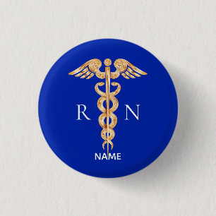 Gold Caduceus Symbol & Registered Nurse  Monogram 3 Cm Round Badge