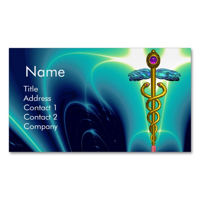 GOLD CADUCEUS SYMBOL / Teal Blue Turquoise Magnetic Business Card (Front)