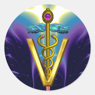 GOLD CADUCEUS VETERINARY SYMBOL Blue Purple Classic Round Sticker