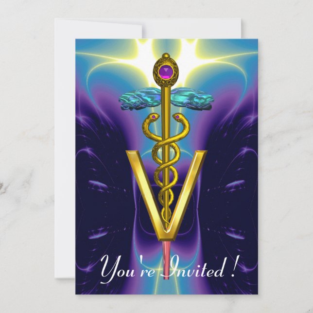 GOLD CADUCEUS VETERINARY SYMBOL Blue Purple Invitation (Front)
