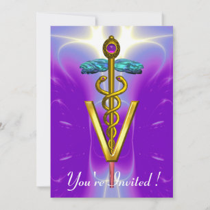 GOLD CADUCEUS VETERINARY SYMBOL Blue Purple Invitation