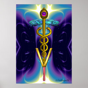 GOLD CADUCEUS VETERINARY SYMBOL Blue Purple Poster