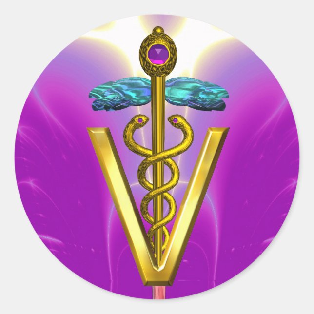 GOLD CADUCEUS VETERINARY SYMBOL Pink Fuchsia Classic Round Sticker (Front)