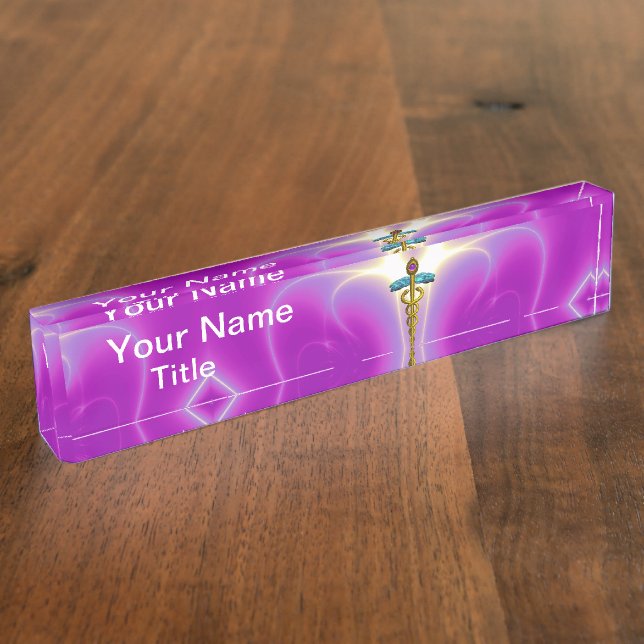 GOLD CADUCEUS , vibrant pink fuchsia Nameplate (Side)