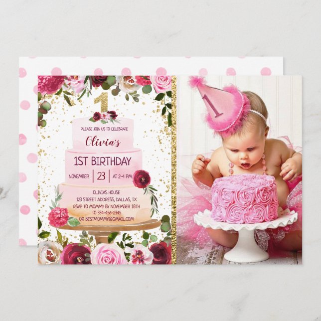 Gold Cake 1st Birthday Invitation With Photo (Front/Back)