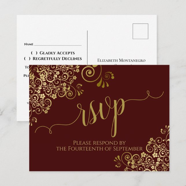 Gold Calligraphy Auburn Brown Wedding RSVP Postcard (Front/Back)