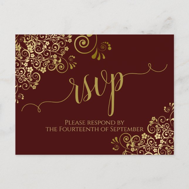 Gold Calligraphy Auburn Brown Wedding RSVP Postcard (Front)