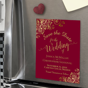 Gold Calligraphy Burgundy Red Save the Date Magnet