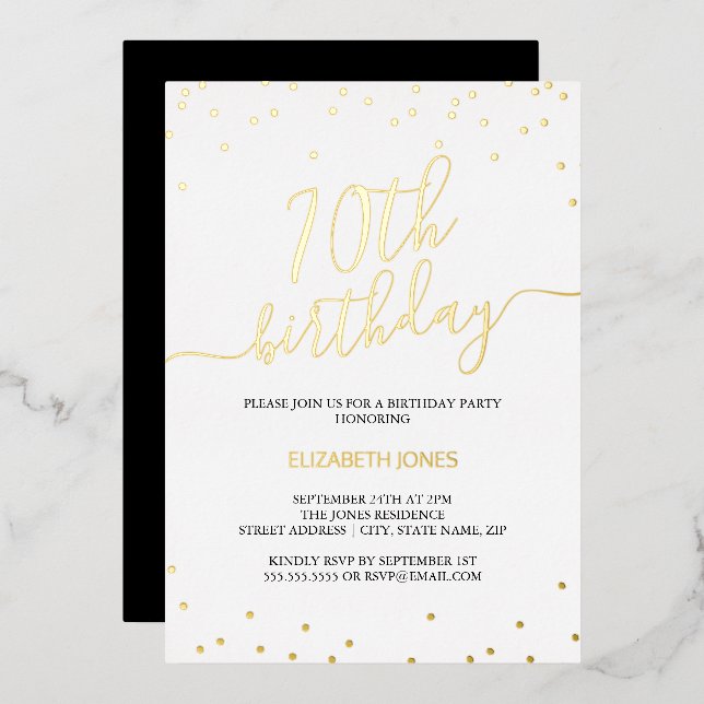 Gold Calligraphy Confetti 70th Birthday Party  (Front/Back)