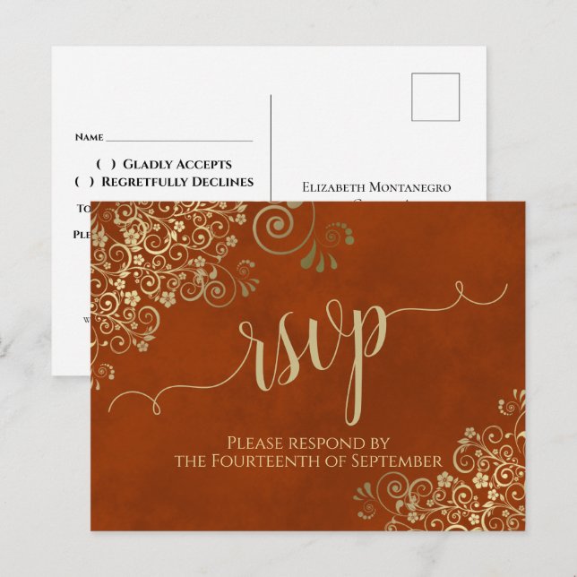 Gold Calligraphy Elegant Rust Orange Wedding RSVP Postcard (Front/Back)