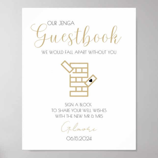 Gold Calligraphy Jenga Guestbook Wedding Poster (Front)