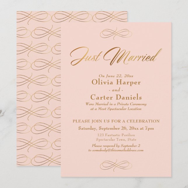 Gold Calligraphy Just Married Blush Pink Reception Invitation (Front/Back)