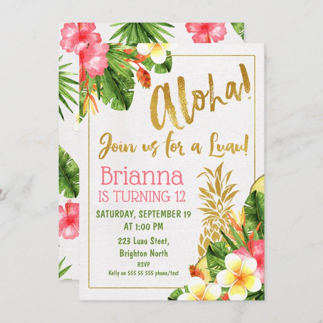 Gold Calligraphy Luau Birthday Invitation (Front/Back)