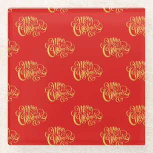 Gold Calligraphy Merry Christmas Glass Coaster