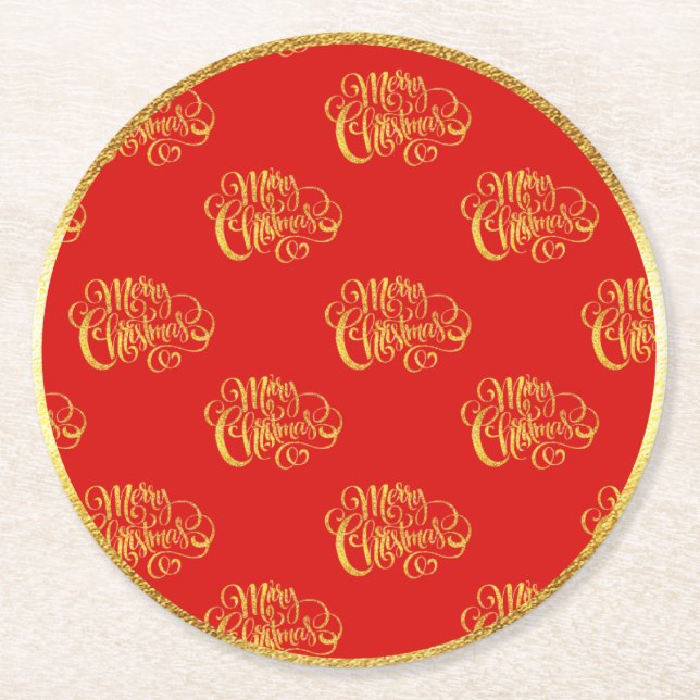 Gold Calligraphy Merry Christmas Paper Coaster (Front)