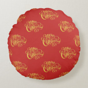 Gold Calligraphy Merry Christmas Round Pillow