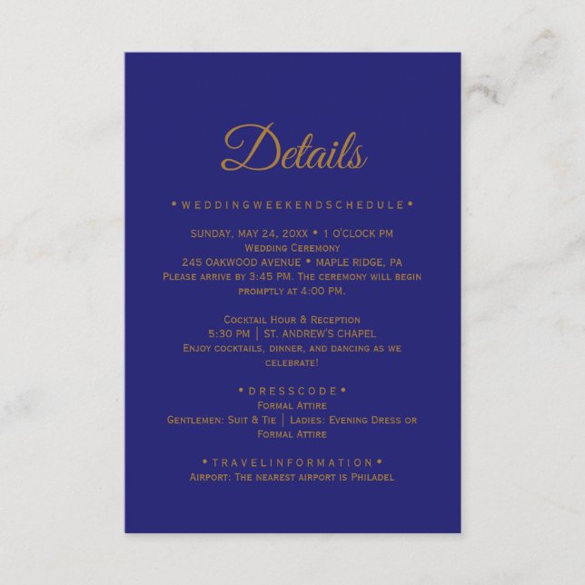 Gold Calligraphy Midnight Blue Details Card (Front)