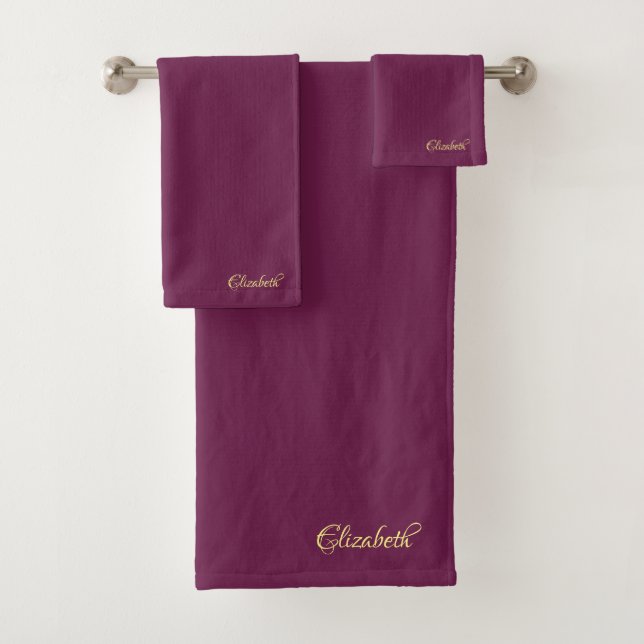 Gold Calligraphy Name Bordeaux Trendy Template Bath Towel Set (Insitu)