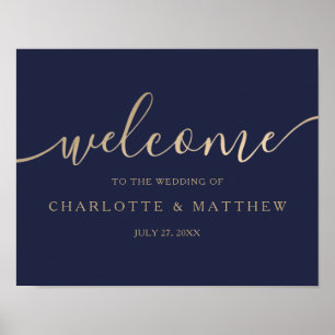 Gold Calligraphy Navy Blue Welcome Wedding Poster
