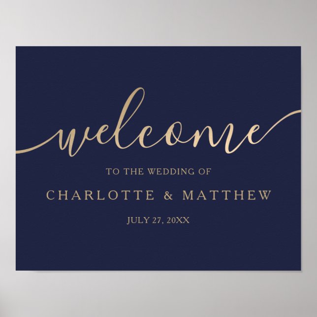 Gold Calligraphy Navy Blue Welcome Wedding Poster (Front)
