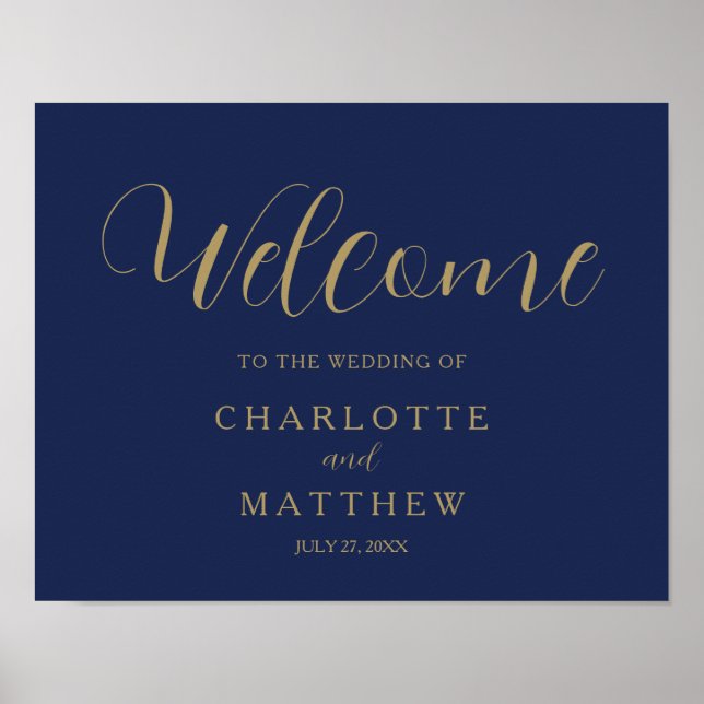 Gold Calligraphy Navy Blue Welcome Wedding Poster (Front)