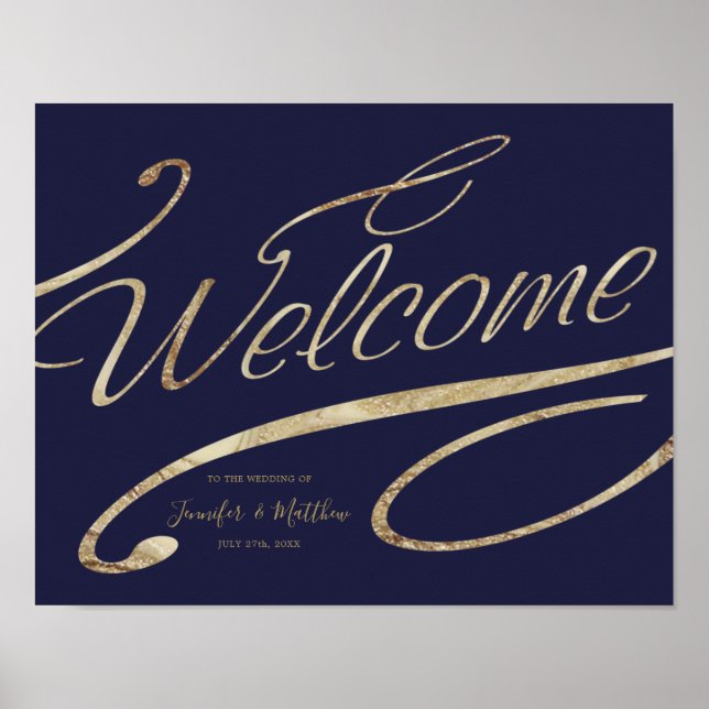 Gold Calligraphy Navy Blue Welcome Wedding Poster (Front)