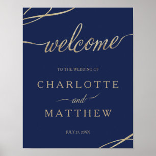 Gold Calligraphy Navy Blue Welcome Wedding Poster