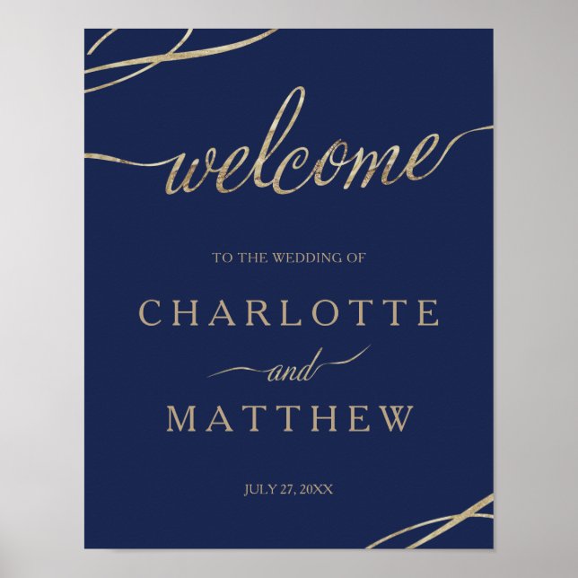 Gold Calligraphy Navy Blue Welcome Wedding Poster (Front)