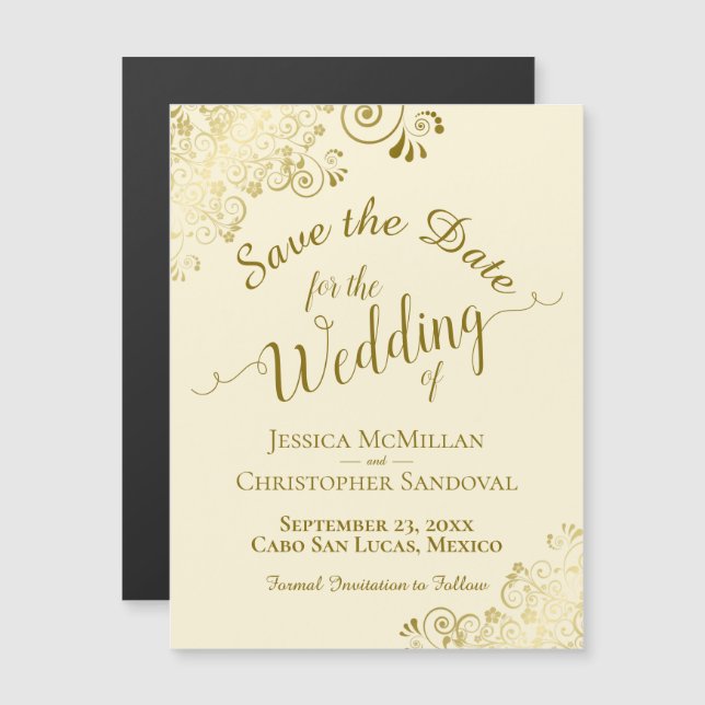 Gold Calligraphy on Cream Save the Date Magnet (Front/Back)