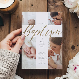 Gold Calligraphy Photo Collage Baby Baptism Cross Invitation