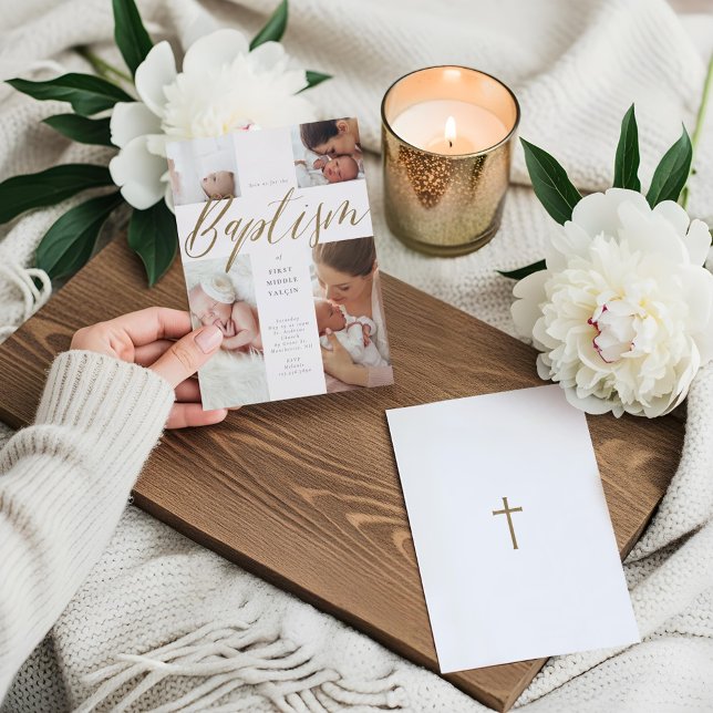 Gold Calligraphy Photo Collage Baby Baptism Cross Invitation (Gold Calligraphy Photo Collage Baby Baptism Cross Invitation)