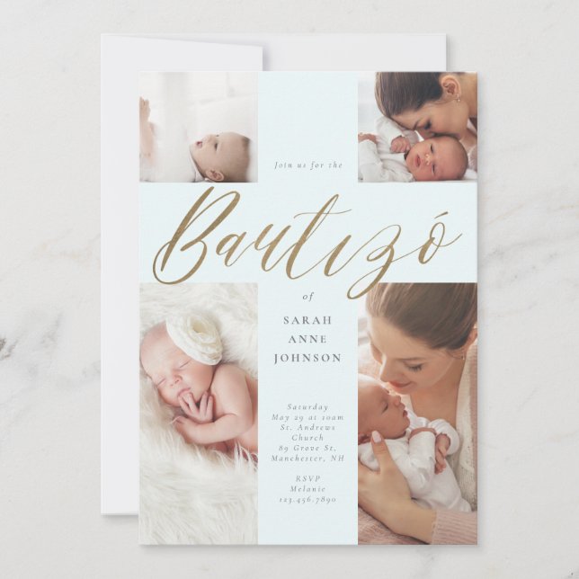 Gold Calligraphy Photo Collage Baby Bautizó Cross Invitation (Front)