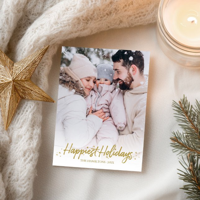 Gold Calligraphy Photo Happiest Holidays Christmas Postcard (Creator Uploaded)