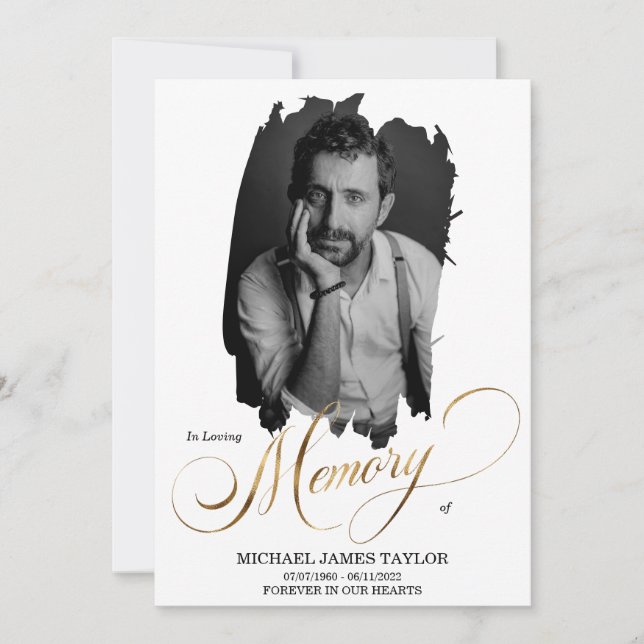 Gold Calligraphy Photo In Loving Memory Funeral In Invitation (Front)
