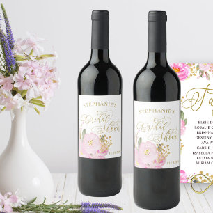 Gold Calligraphy Pink Floral Bridal Shower Wine Label
