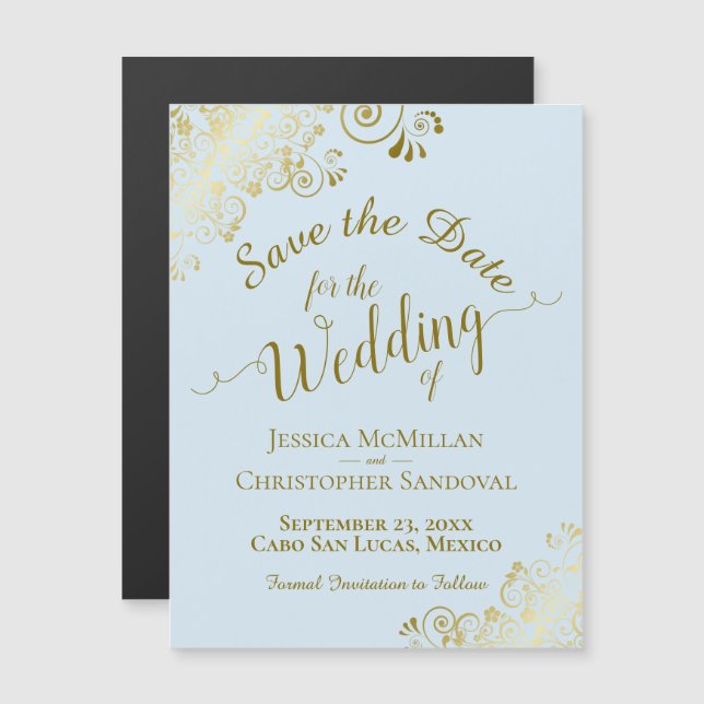 Gold Calligraphy Powder Blue Save the Date Magnet (Front/Back)