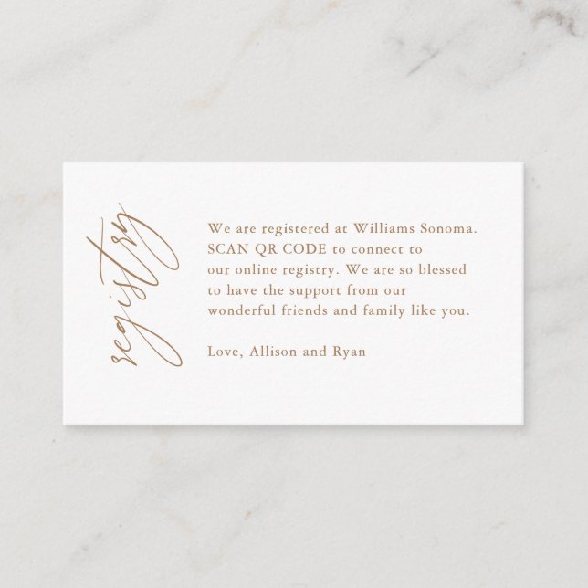 Gold Calligraphy QR Code Wedding Registry Gift Enclosure Card (Front)